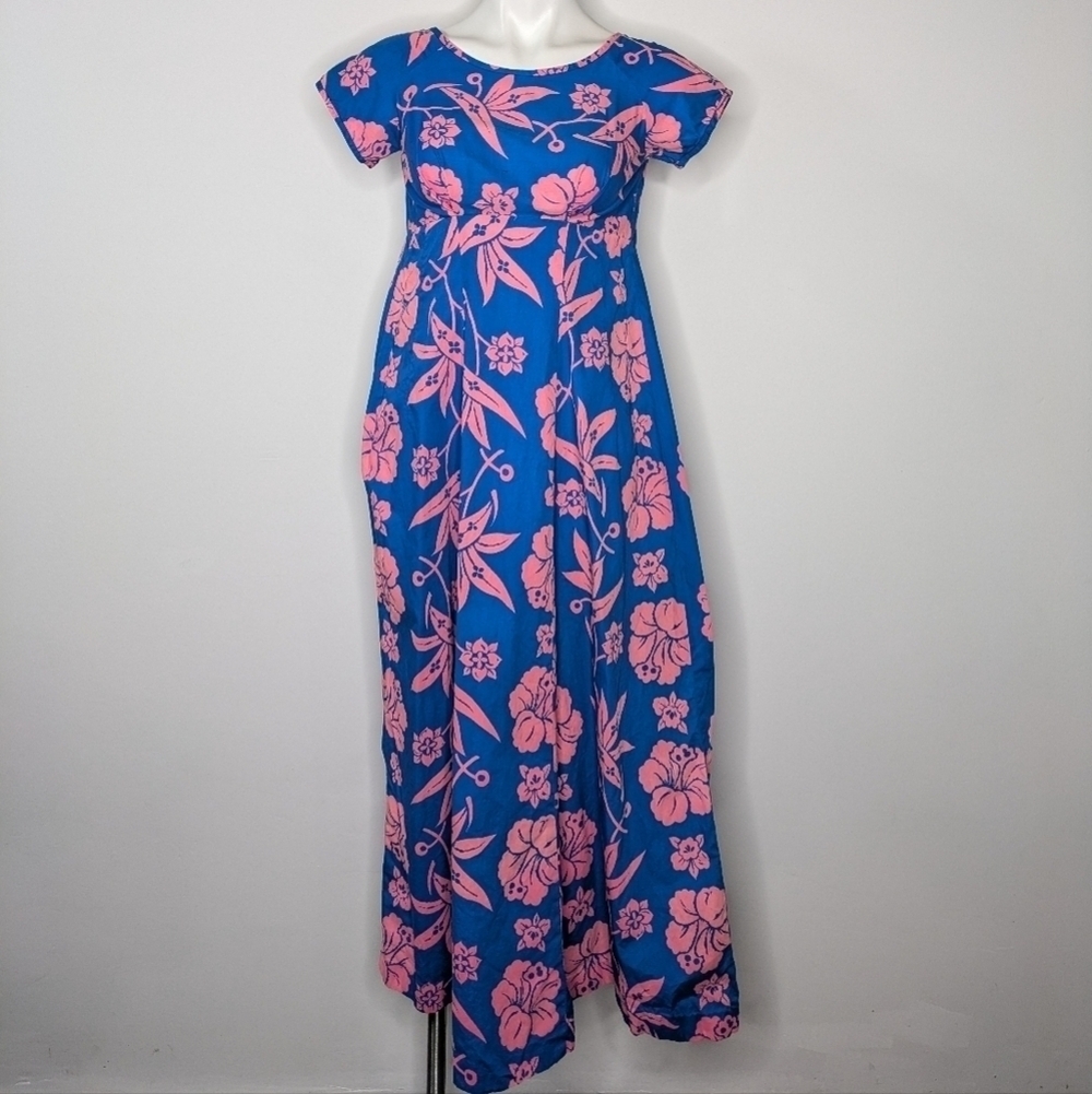 Vintage Made in Hawaii pink blue tropical floral short sleeve maxi dress XS